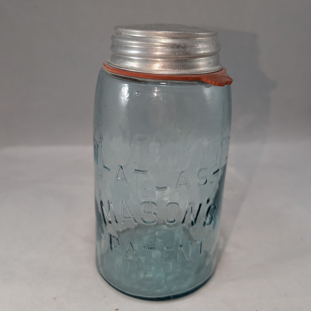 Antique Atlas Mason's‎ Patent Blue Aqua Glass Fruit Jar with Zinc Lid 7 inch